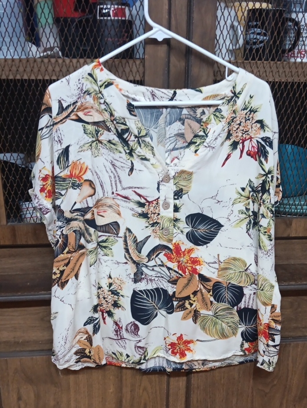 SHEIN Cream Floral Button V-Neck Blouse